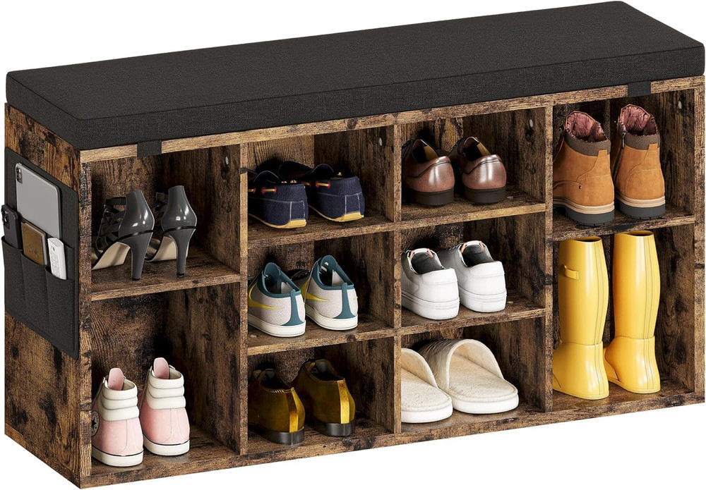 Rustic Shoe Storage Bench with Cushion & 10 Cubbies for Entryway, 41