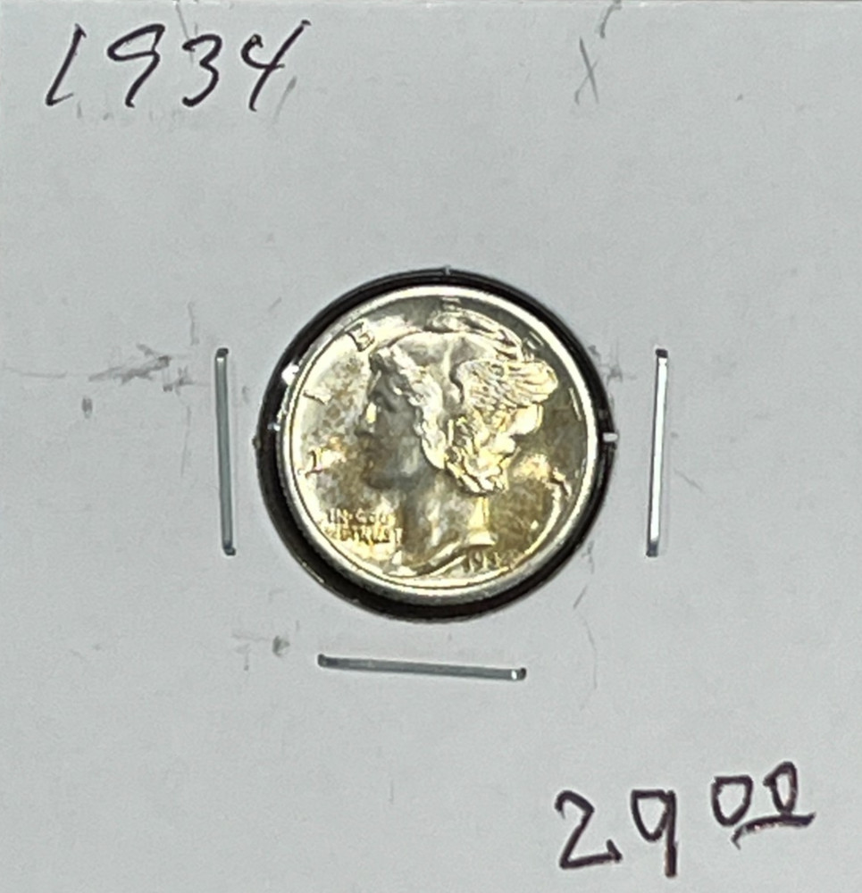 1934 Mercury Silver Dime Nice BU, Toning