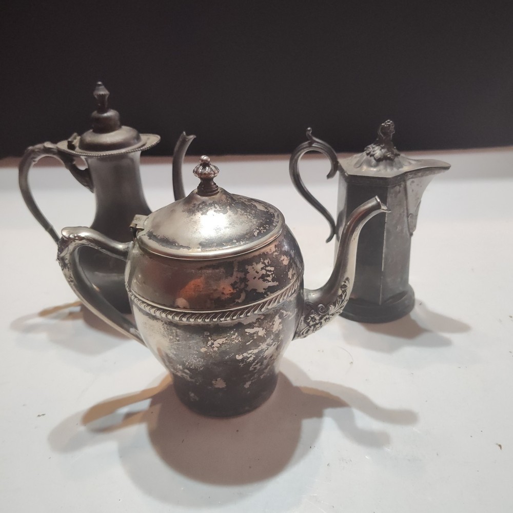 3 Vintage Silver Over Copper Hinged Lid Tea Pots