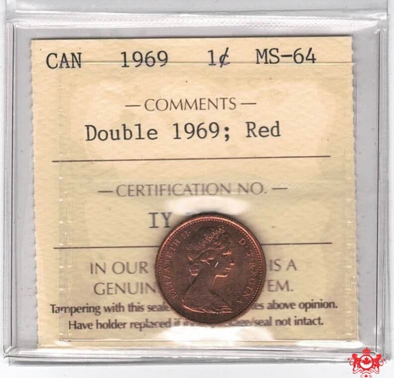 1969 Canada 1 Cent Double Date - ICCS MS64 - IY 724