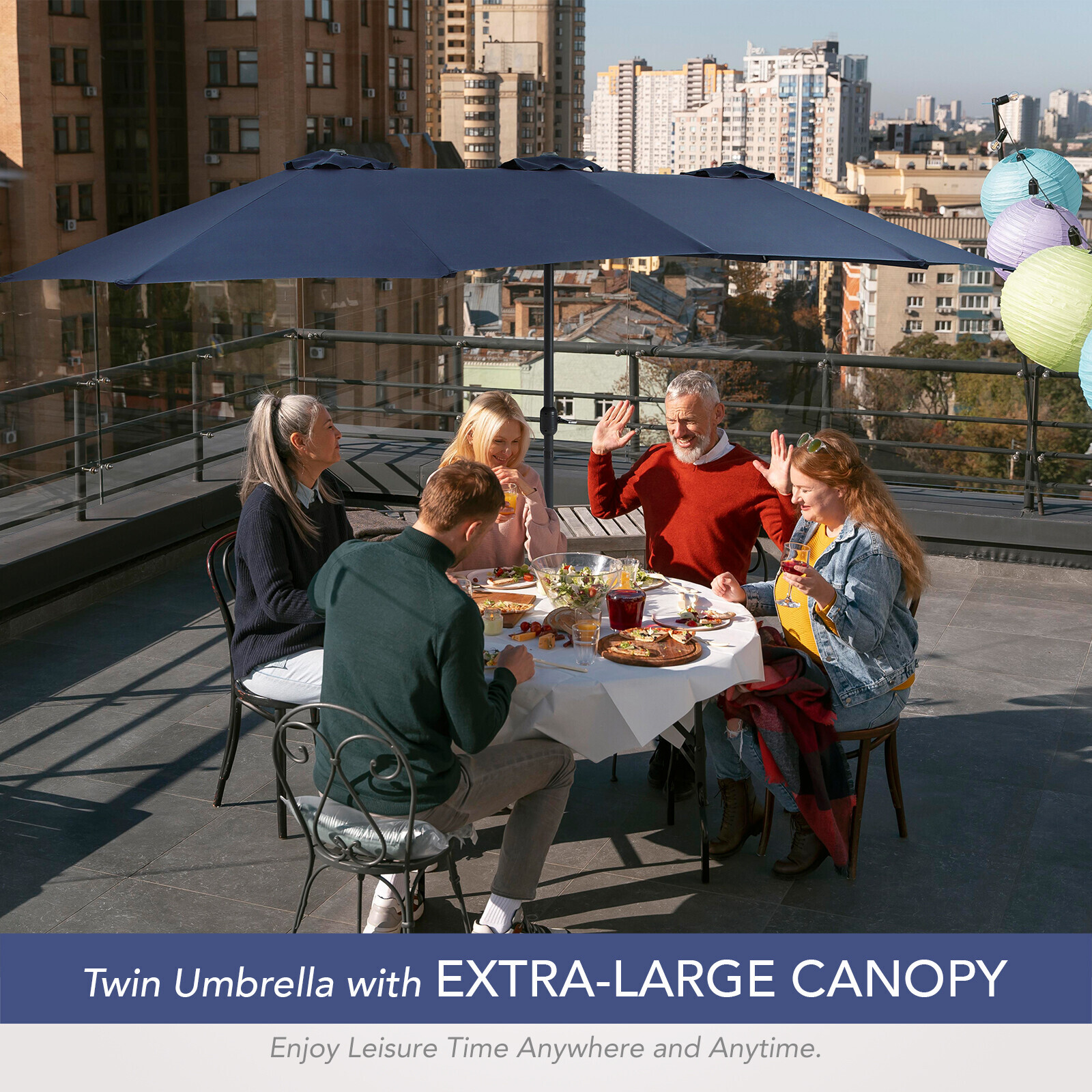 15FT Double-Sided Outdoor Sun Shade Backyard Patio Umbrella Blue w/ Crank & Base