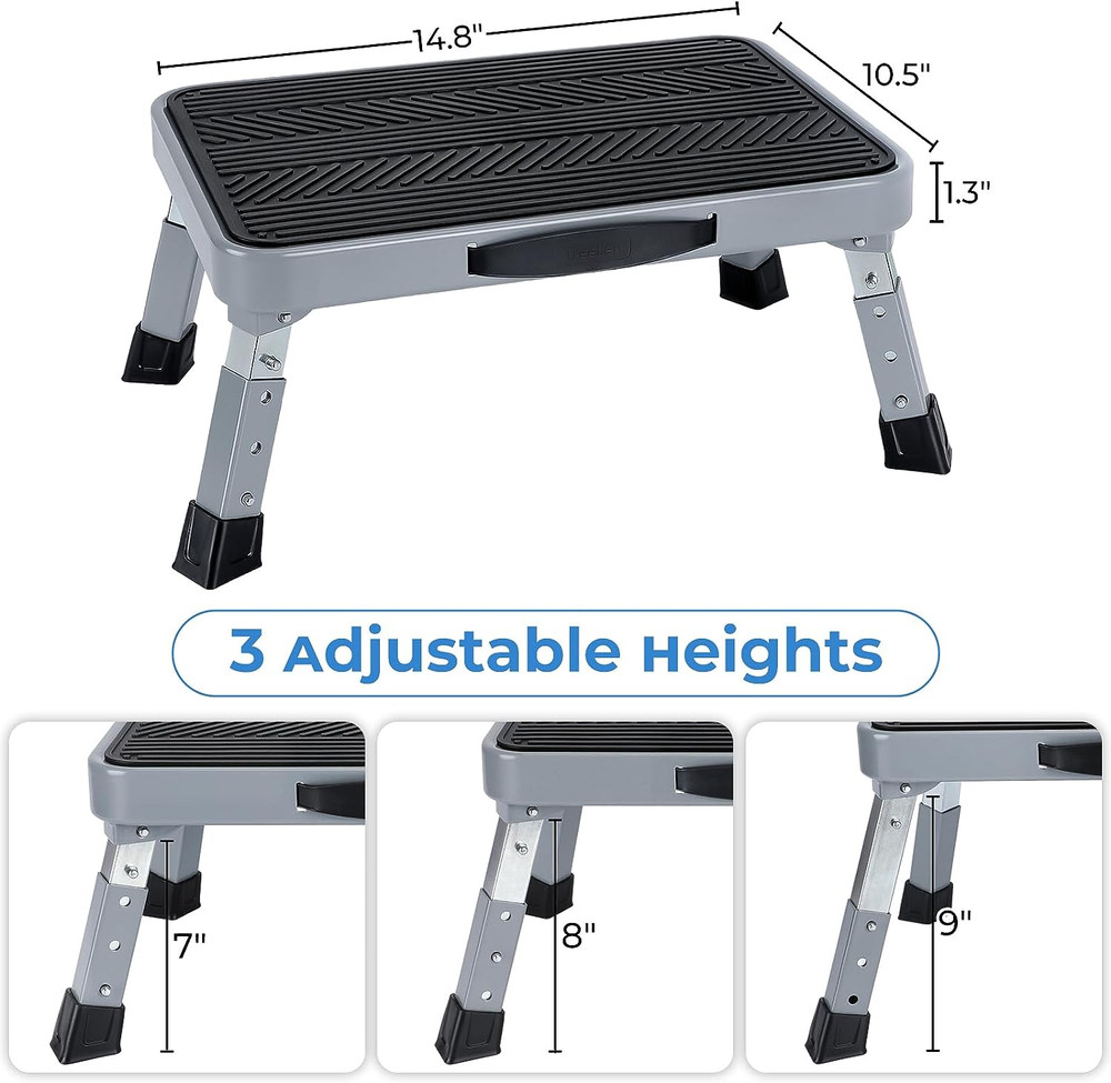 Height-Adjustable 7"- 9" Folding Step Stool with Non-Slip Platform 10" X 15" - P