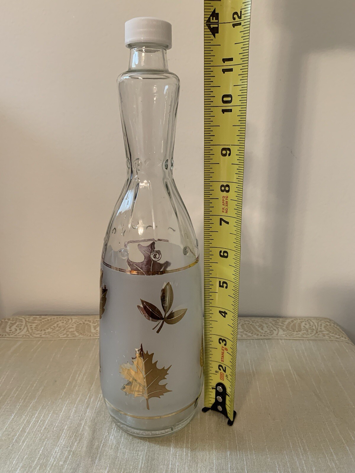 Vintage Libbey Frosted White with Gold Leaves Bottle/Decanter 12” Tall 3” High