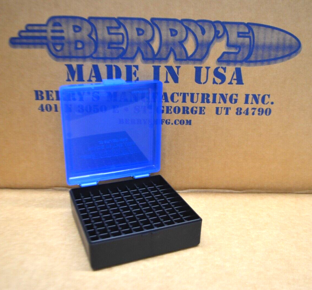 5 x 38 / 357 BERRY AMMO BOXES 100 ROUND STORAGE & RELOADING (BLUE / BLACK )