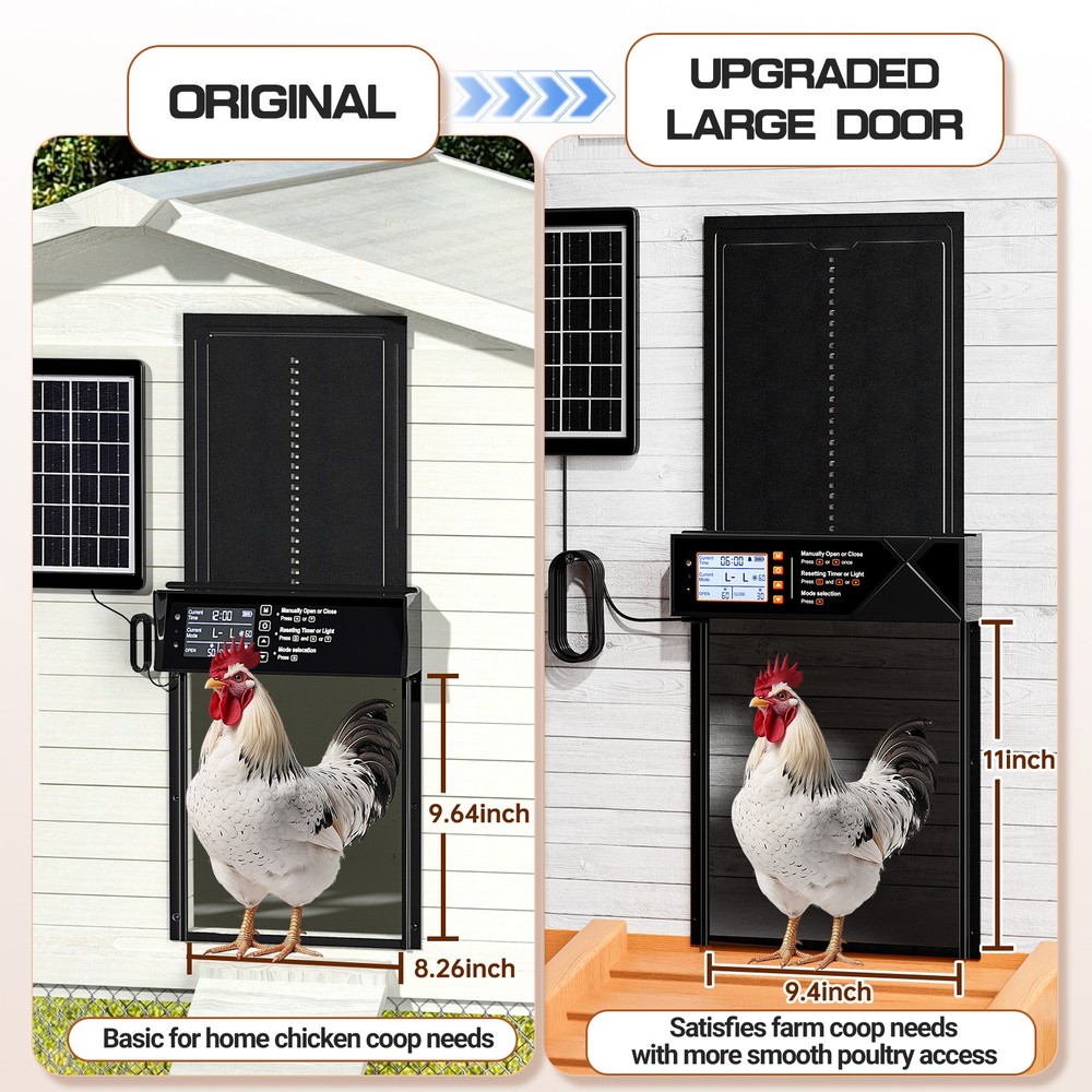 Solar Automatic Extra Large Chicken Coop Door Timer Anti Pinch Light Sensor Mode