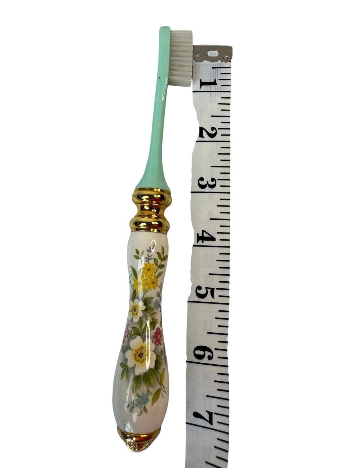 Toothbrush Ceramic Floral & Gold Handle Beau Monde Bathroom Decor Retro VTG
