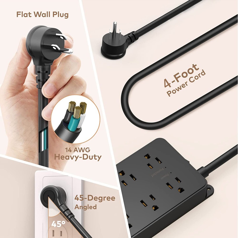 Multi-functional Power Strip Surge Protector, 8 Outlets 4Ft Long Extension Cord