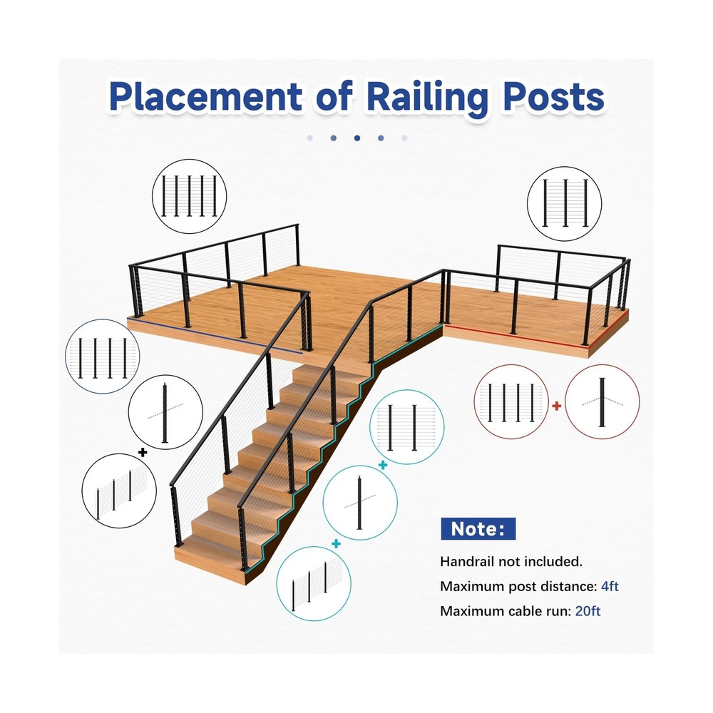 42" One-Stop Cable Railing Post Kits, 5 Pack Fixed Top Level Drilled Line Pos...