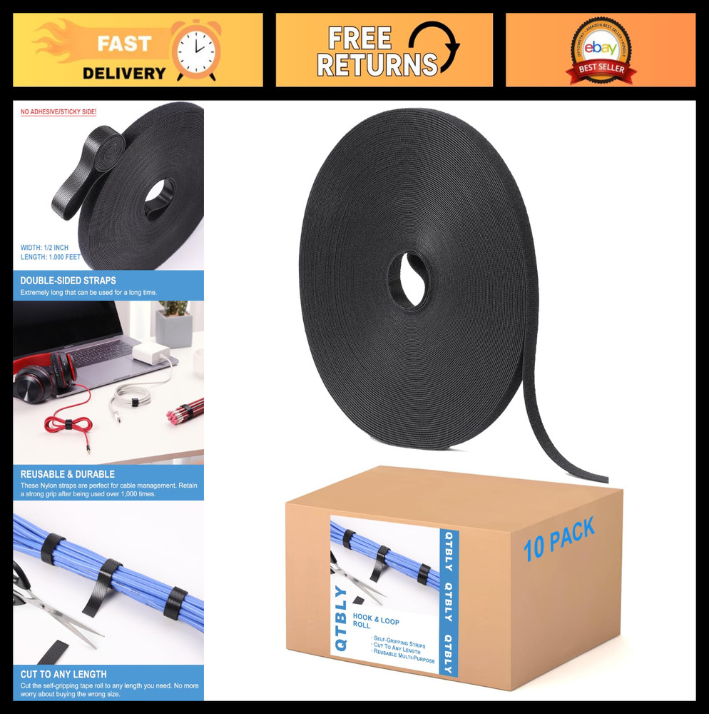 1/2" x 1000ft Hook and Loop Roll | Double-Sided Self-Gripping Strips | Reusable