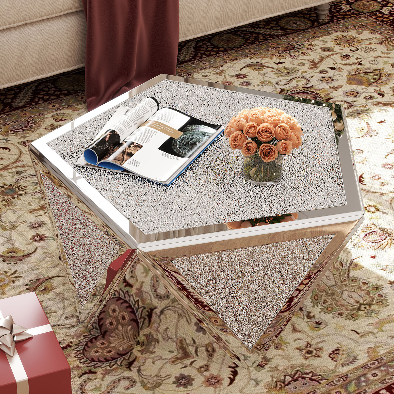 Silver Pentagonal Mirrored Coffee Table Side Table with Crushed Diamond Tabletop