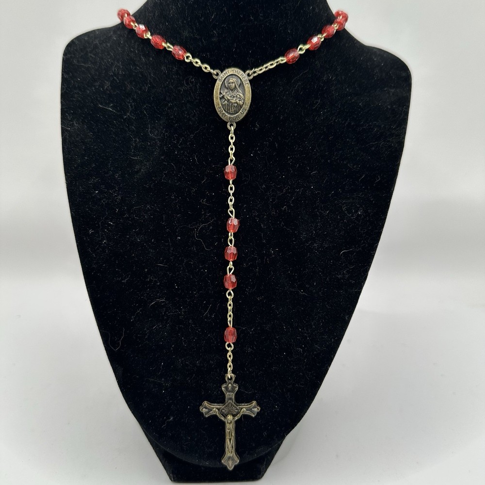 Vintage St Therese Rosary with Red Beads Crucifix Catholic Faith Religious 21"