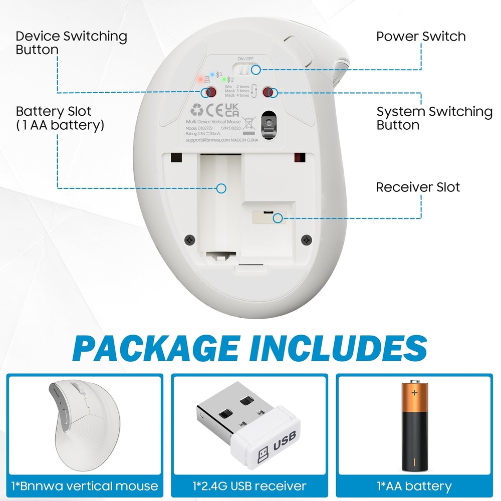 Wireless Vertical Ergonomic Mouse Multi-DeviceBluetooth + 2.4G Connection 4 A...