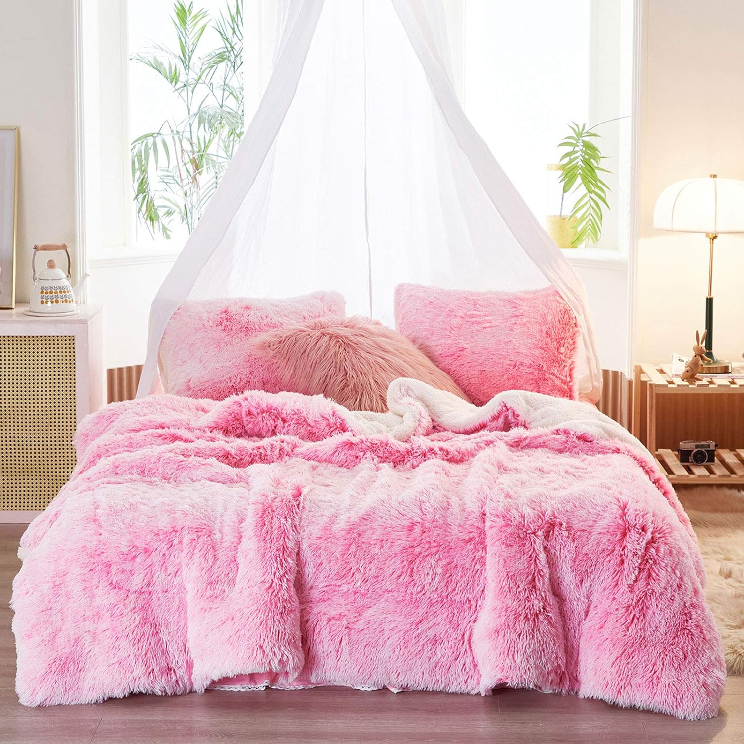 3-Piece Plush Shaggy Comforter Set, Full/Queen Size Luxury Faux Fur Sherpa Rever