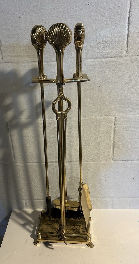Vintage Brass Seashell Clam Shell Fireplace Tool 5 Pieces & Stand