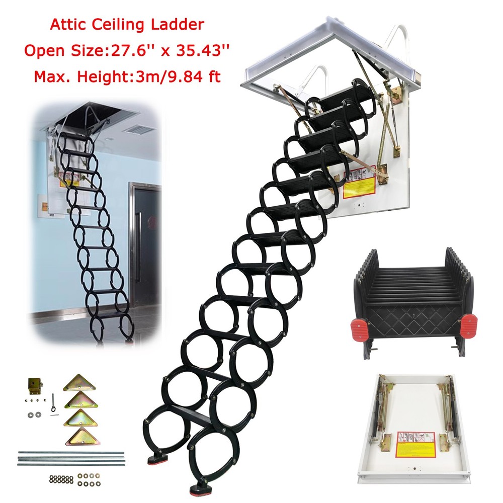 Attic Ceiling Ladder 10 ft Ceiling Mounted Folding Stairs Pull Down Ladder Black