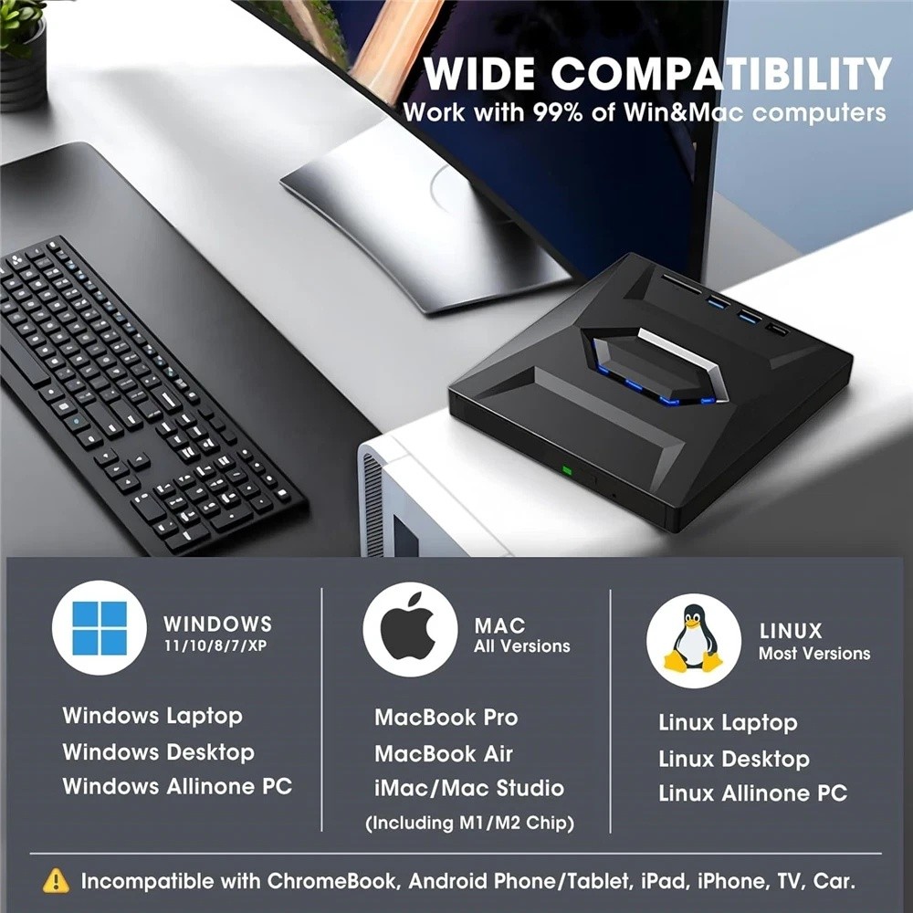 External CD DVD Drive USB 3.0 Writer Burner Player for PC Laptop Windows 11 10