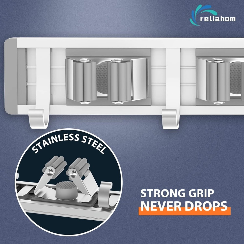 Effortless One-Hand Lock Broom Holder - Wall Mount Storage Solution in Silver
