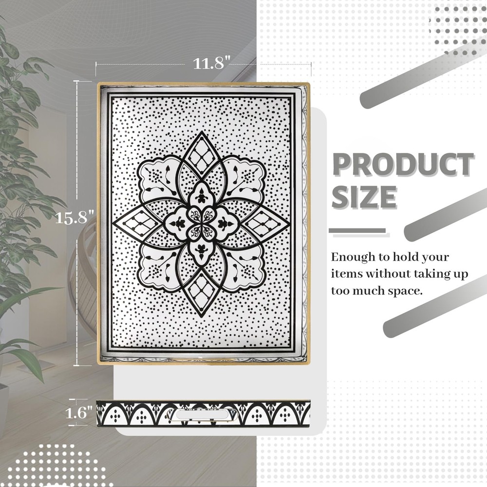 Plastic Serving Tray with Handles Rectangular Black Flower Pattern 15.8x11.8 In