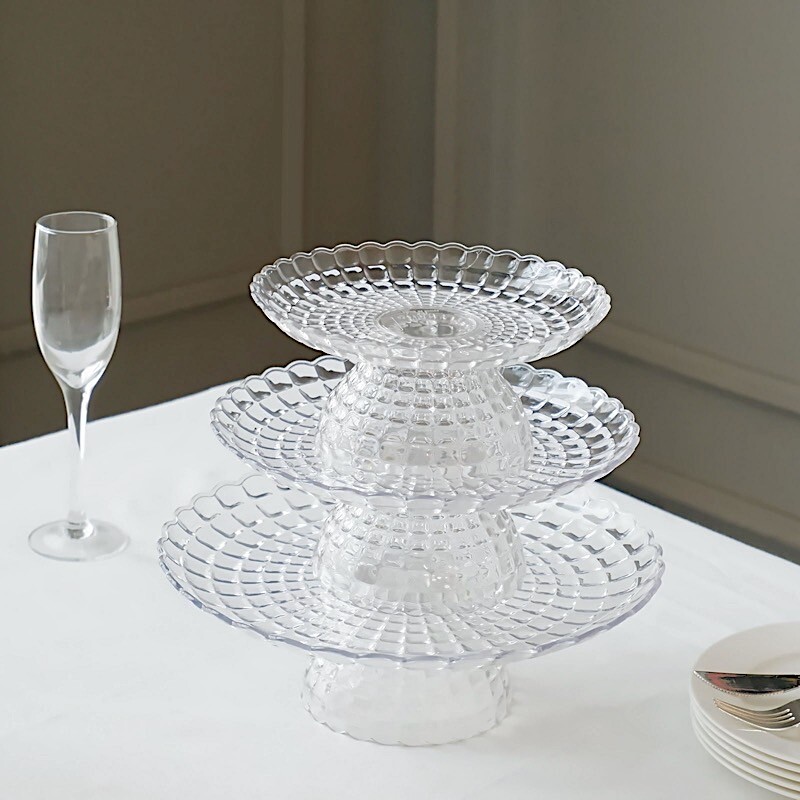Clear 3 Plastic Stackable Pedestals Pressed Design Cupcake Stands Set Party Home