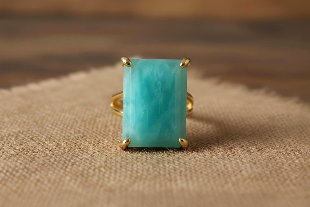 Amazonite Ring 14k Gold Rectangle Cut Sky Blue Semiprecious Statement