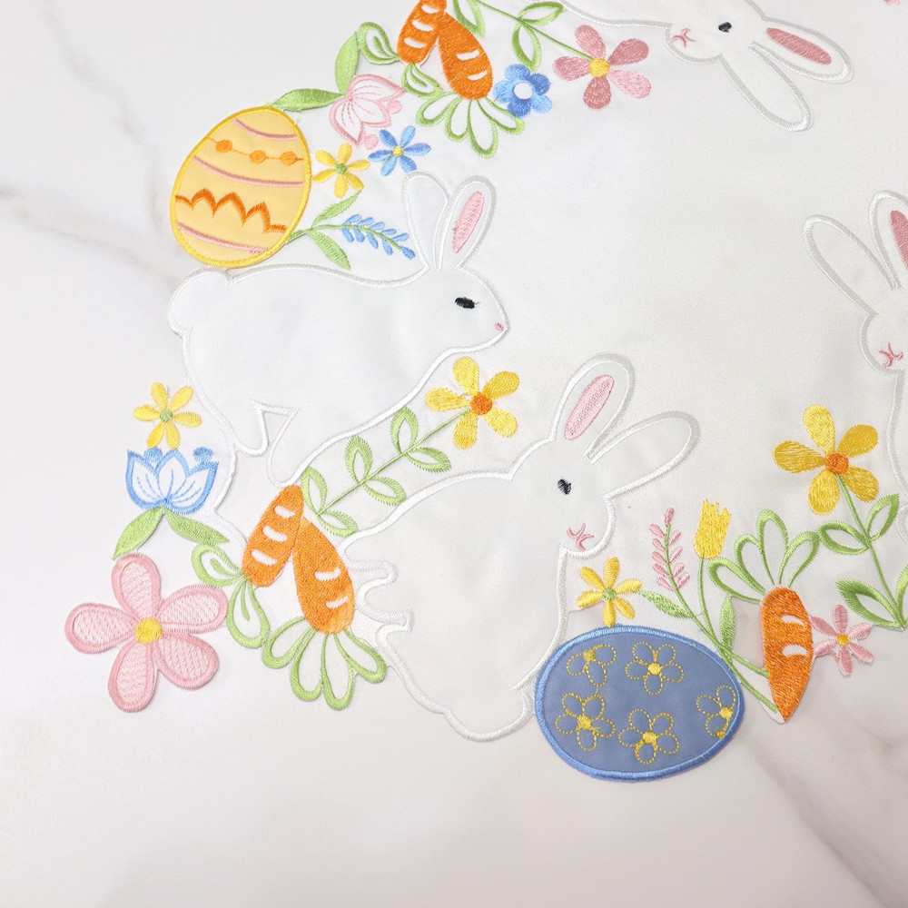 Easter Table Runner Embroidered Bunny Easter Eggs 72 Inches Long Cutout White Ra
