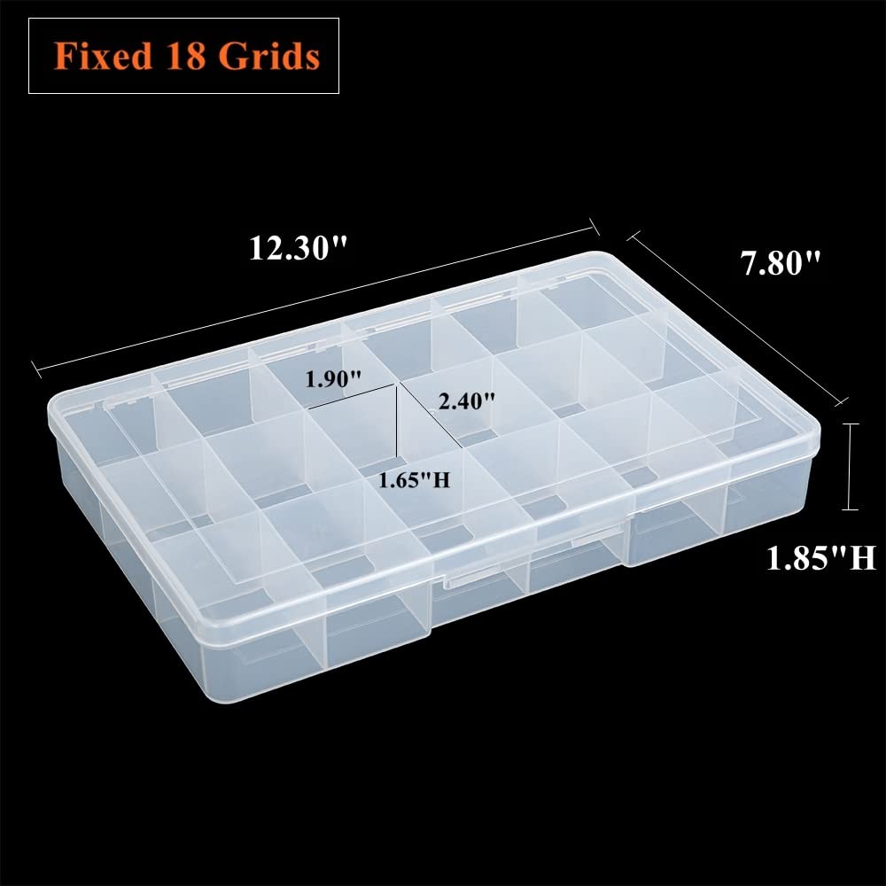 2 Pack Fixed 18 Grids Clear Plastic Compartment Container Case, Transparent O...