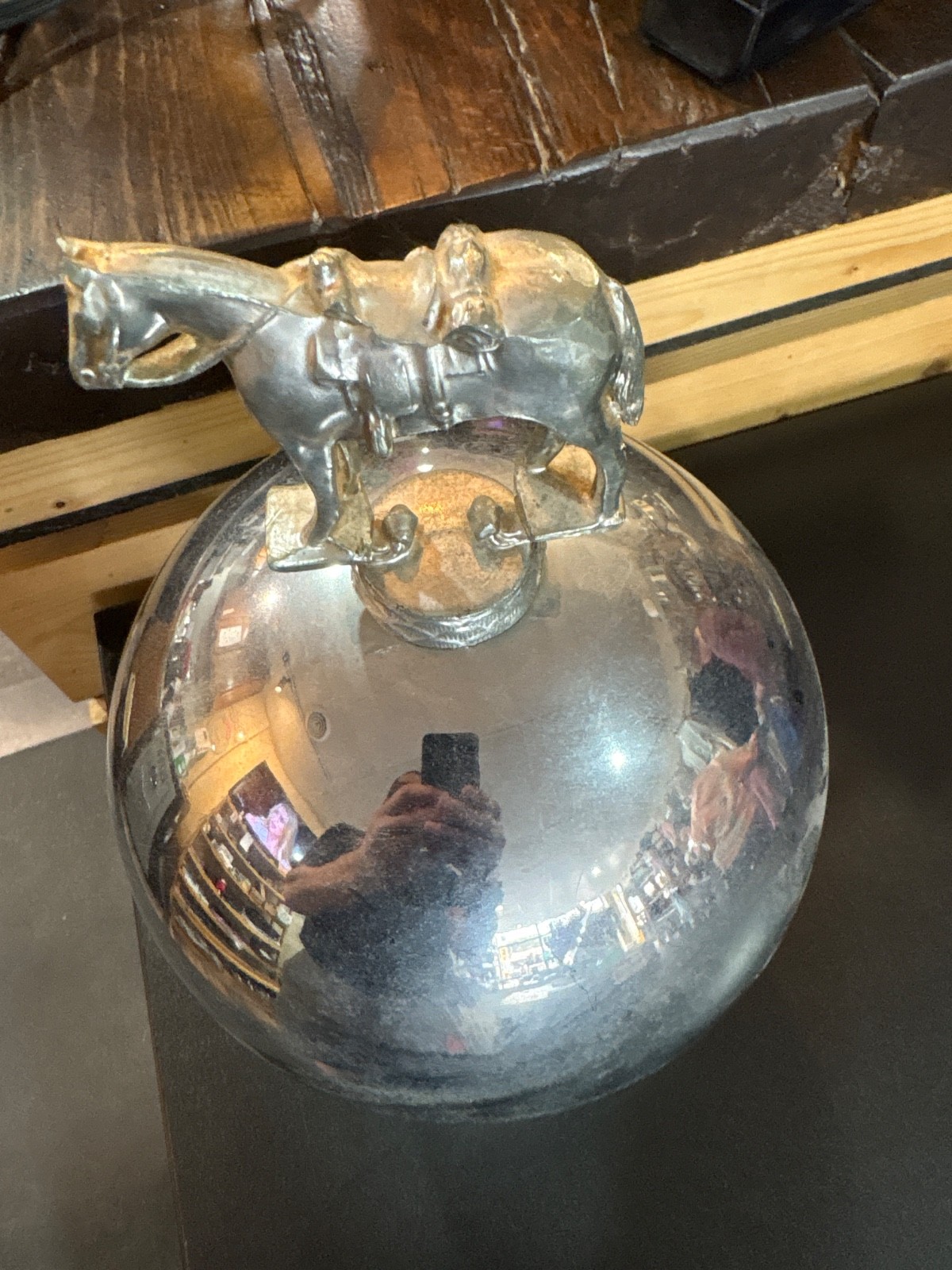 1950s Round Chrome Lidded Mini Tabletop Bar With Metal Sculpture Atop