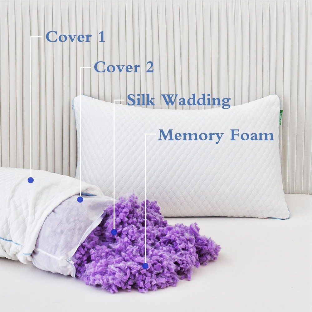 Ergonomic Shredded Memory Foam Pillows for Sleeping - 2-Pack Adjustable Comfort