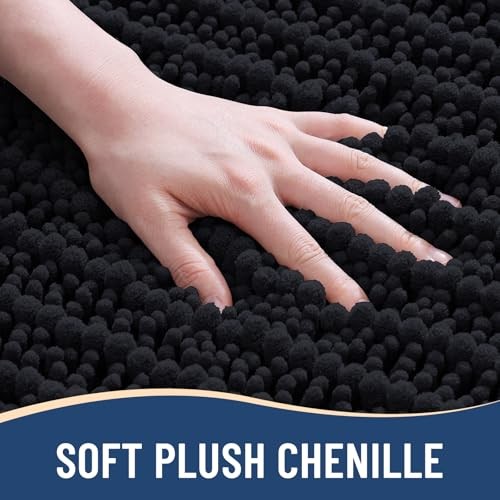 Luxury Chenille Bathroom Rug Mat, Extra Soft Thick 24" x 16" Rectangular Black