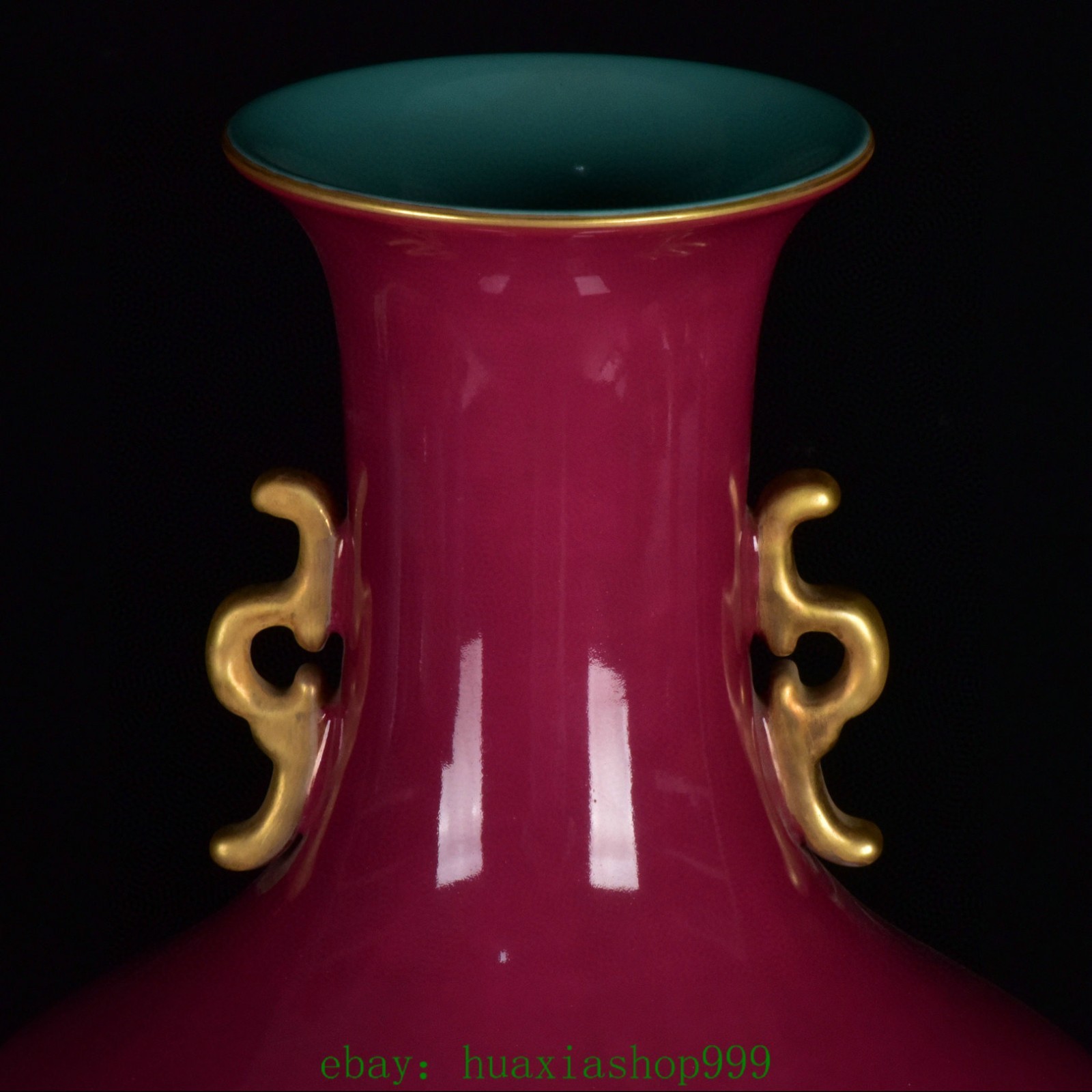 15.7"Purple Glaze Famille Rose Porcelain Gilt Tongzi Kid Boy 2 Ear Bottle Vase