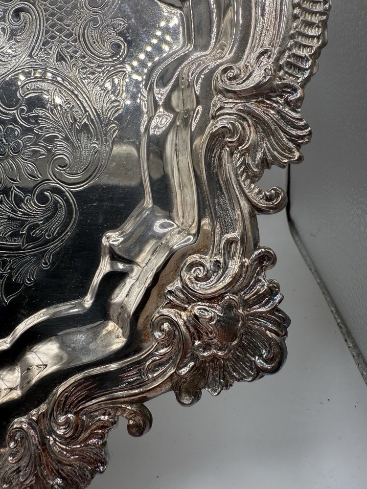 Barbour Silver Plate Co Footed Etched Tray 13” Silver On Copper #3804