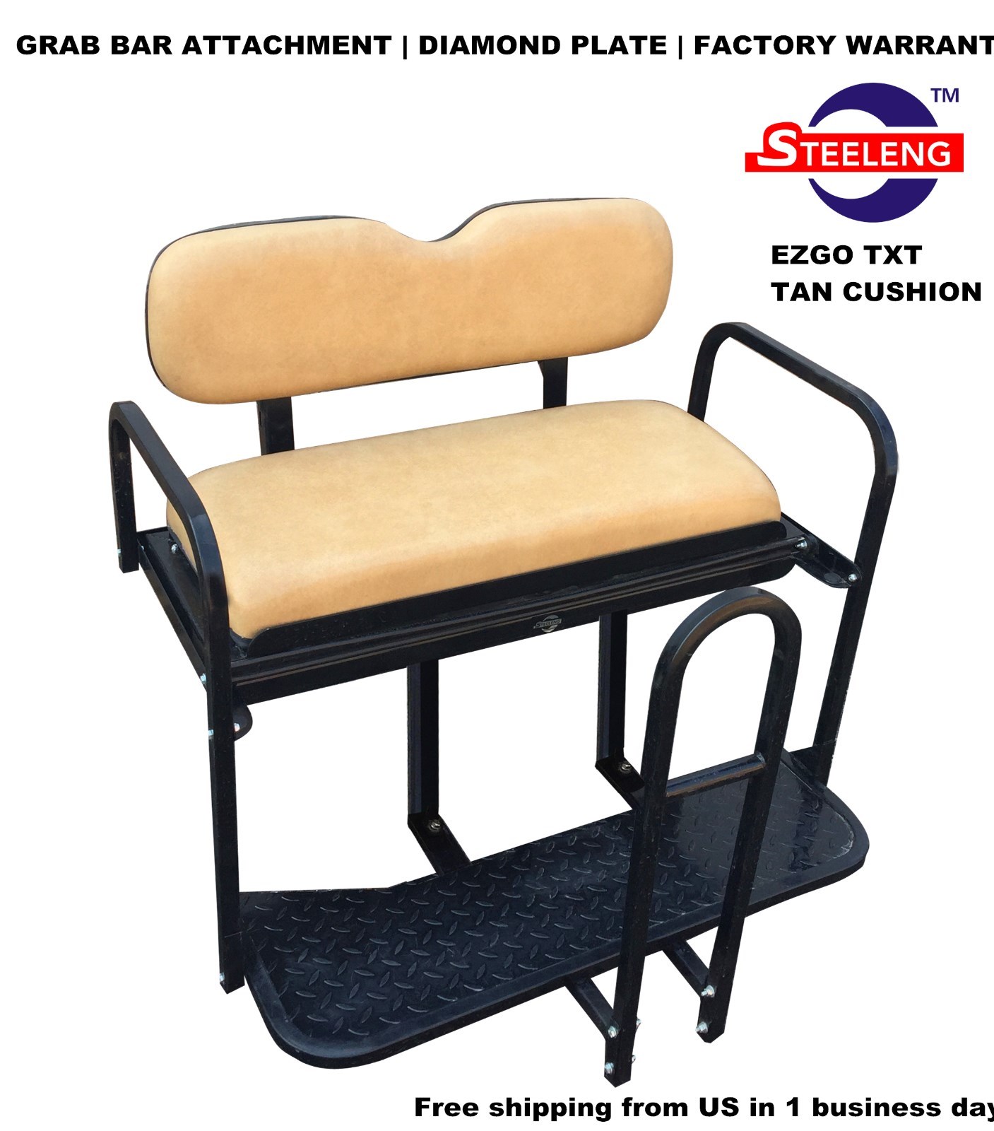 Rear Flip Seat Kit for EZGO Golf Cart TXT model (Tan) with Grab Bar Handle.