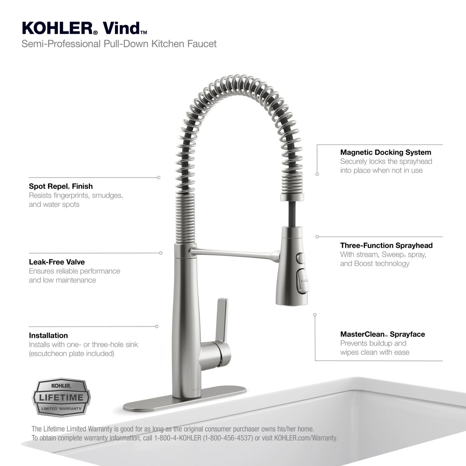 KOHLER VIND Semi-Professional Pull-Down Kitchen Faucet STAINLESS STEEL