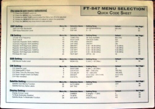 Yaesu FT-847 Original Menu Selection Quick Code Sheet, Quick Info Card from 1998