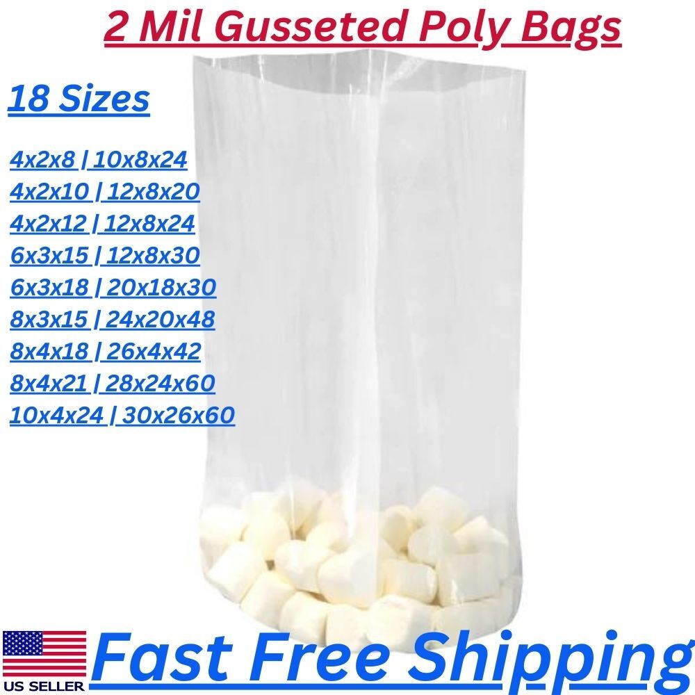 2Mil - Expandable Gusseted Poly Bags Clear Polyethylene Multiple Sizes LDPE