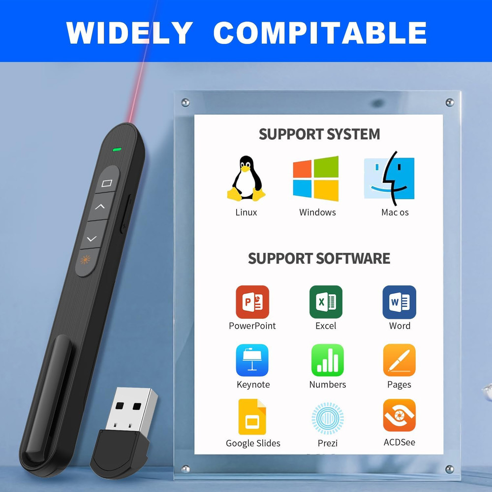 Presentation Clicker for Powerpoint, RF 2.4Ghz USB Wireless Presenter Remote wit