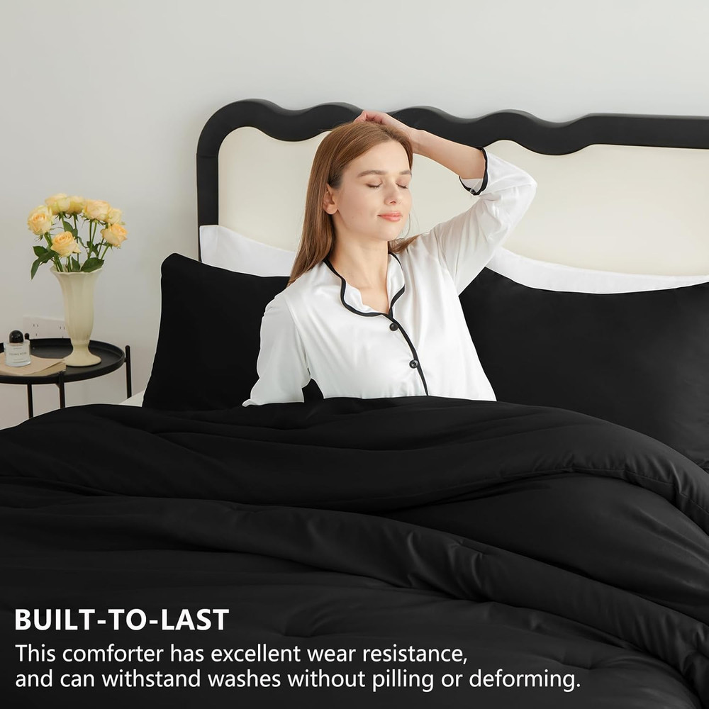 King Size Comforter Set Black, 3 Pieces Solid Comforters King Size Breathable Qu