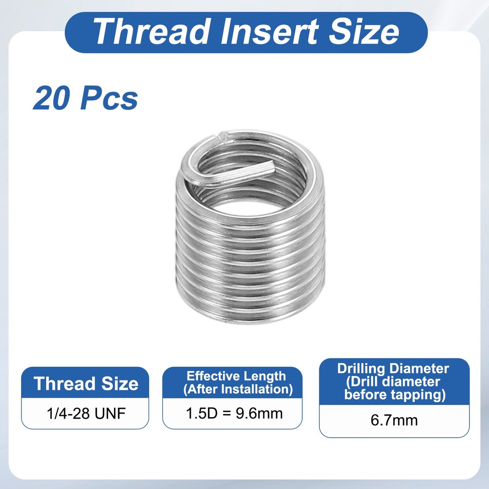 20pcs Wire Thread Inserts 1/4-28 UNF 1.5D 9.6mm Helical Threaded Sleeve