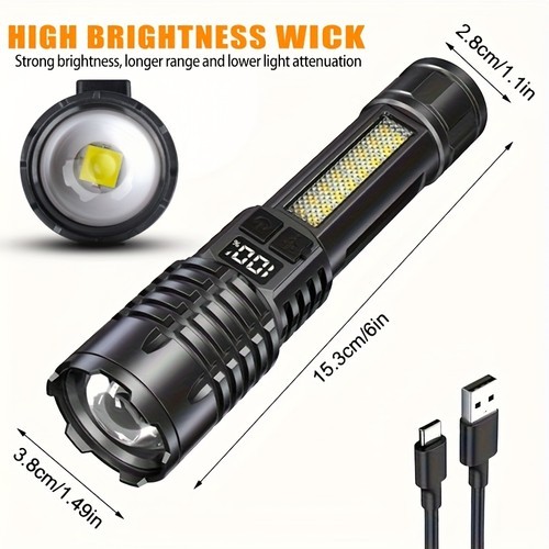 Rechargeable Tactical Flashlight Zoom 5 Modes Red Blue Warning Light USB C Light