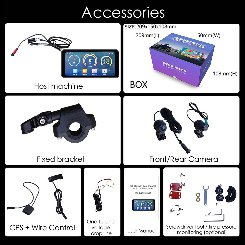 6.25" Motorcycle GPS Navigation Touch Screen Wireless CarPlay Android Auto 1080P