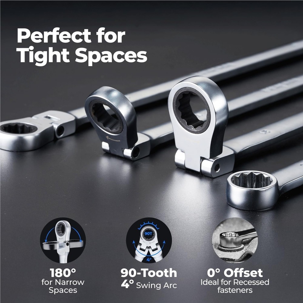 16PCS Extra Long Ratcheting Wrench Set, Gift for Men, Flex Head & Offset Fixe...