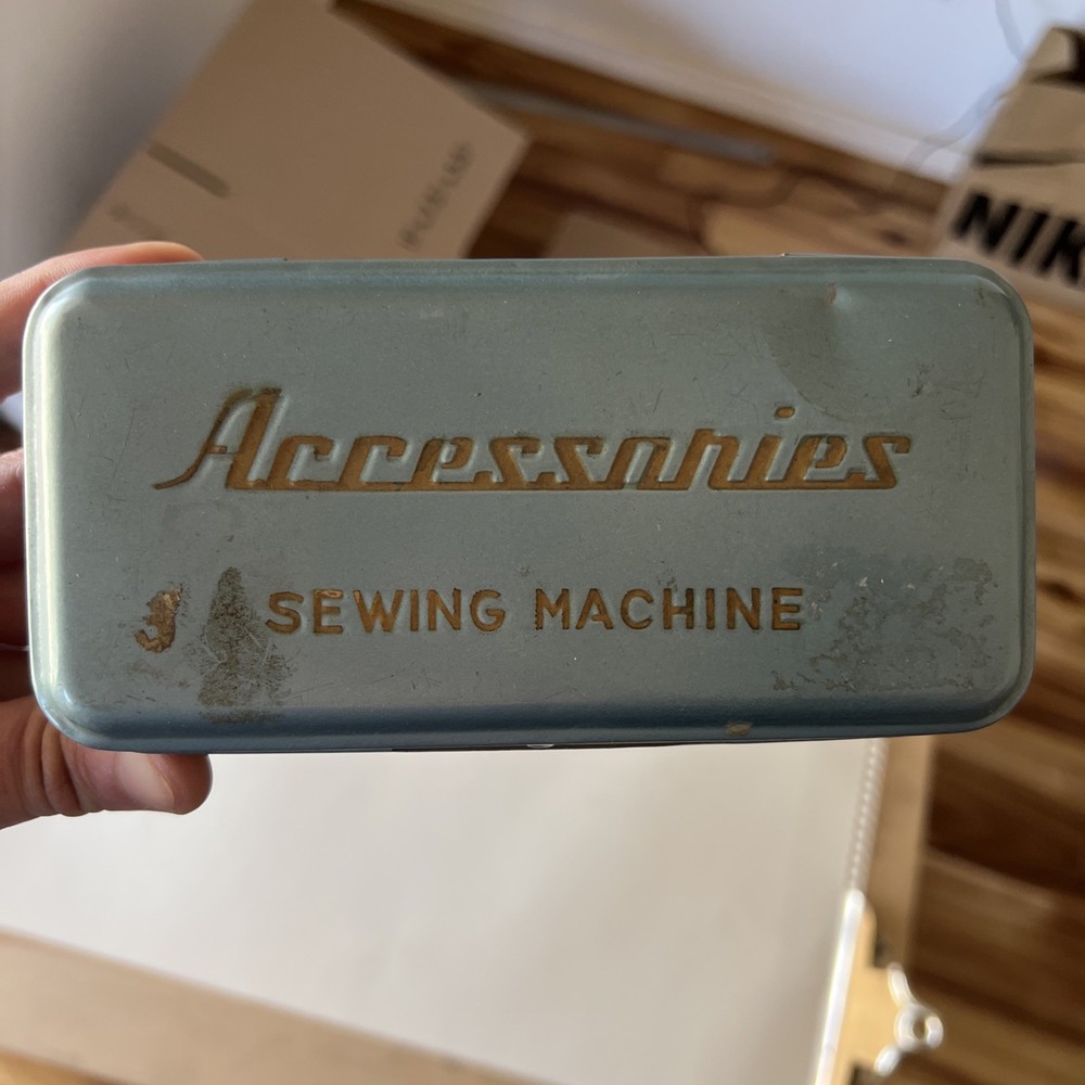 Vintage Sewing Machine Accessories Blue Empty Metal Tin Case Storage Box