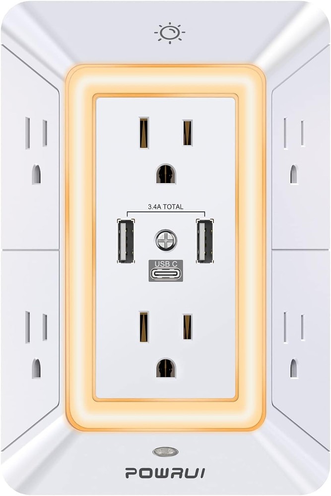 Multi Plug Outlet Surge Protector - POWRUI 6 Extender with 3 USB White