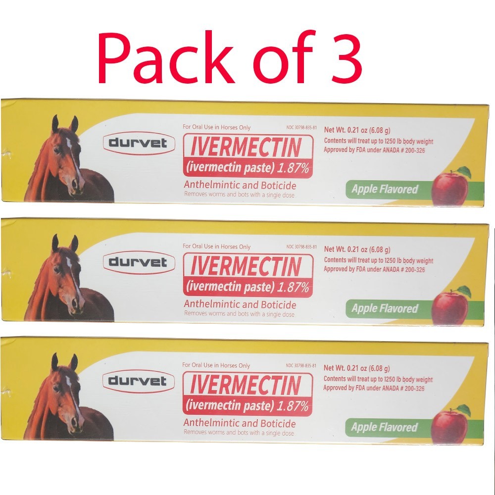 3 Pack Durvet Horse Dewormer Paste Apple Flavor