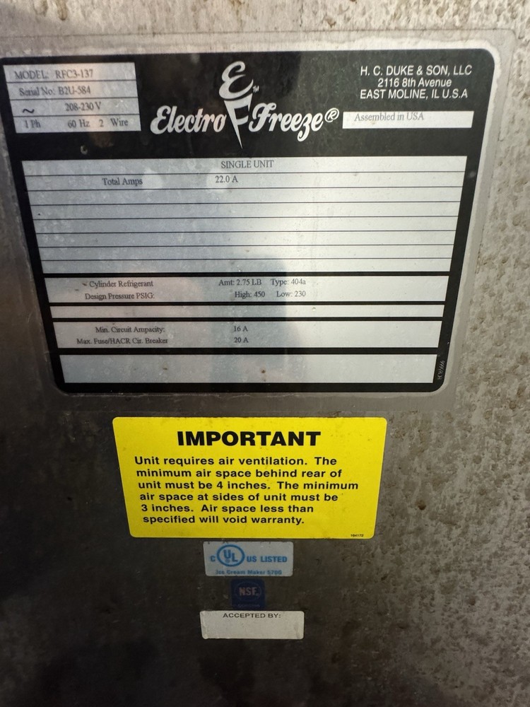 Electro Freeze Batch Freezer RFC3 Machine