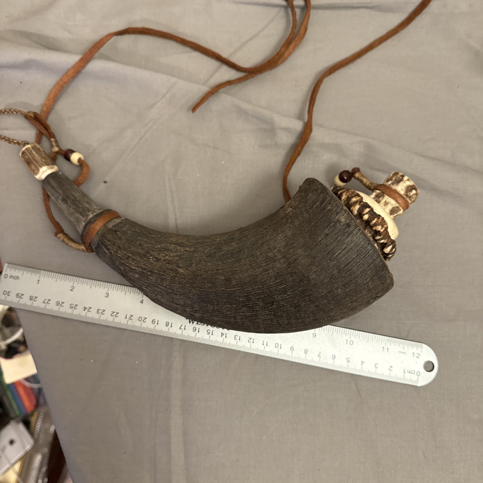 Powder Horn 10" Black/White Historical Musket Reenactors Replica + Leather Sling