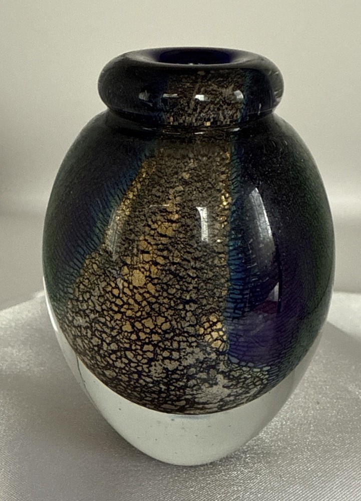 ROBERT EICKHOLT 3” Mini Vase IRIDESCENT GOLD BANDS ~ 1997 SIGNED EUC
