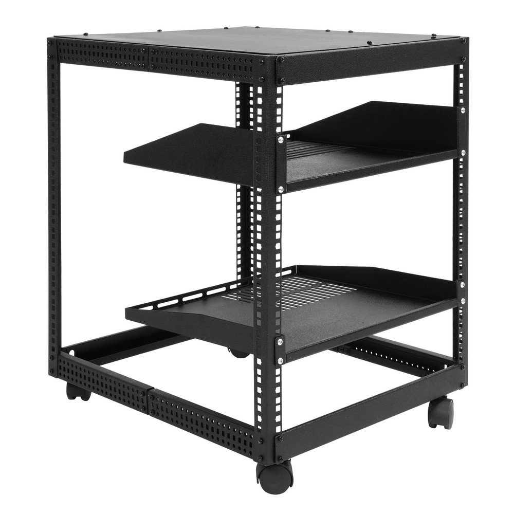 Black 12U Open Frame Network Rack Wall Mounted Server Rack 4 Post with Shelves