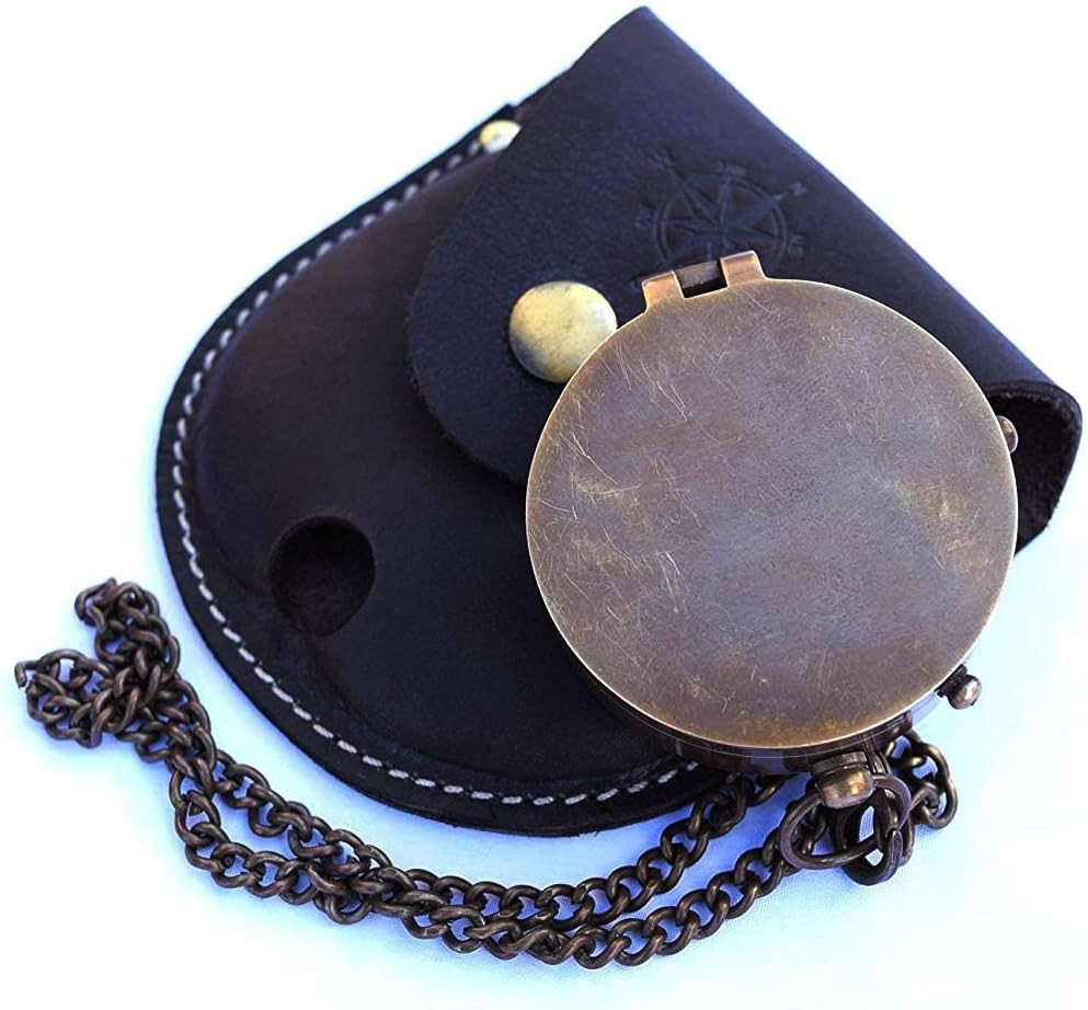 Engravable Compass Nautical Pocket Brass Compass with Leather Carry Case Pirates