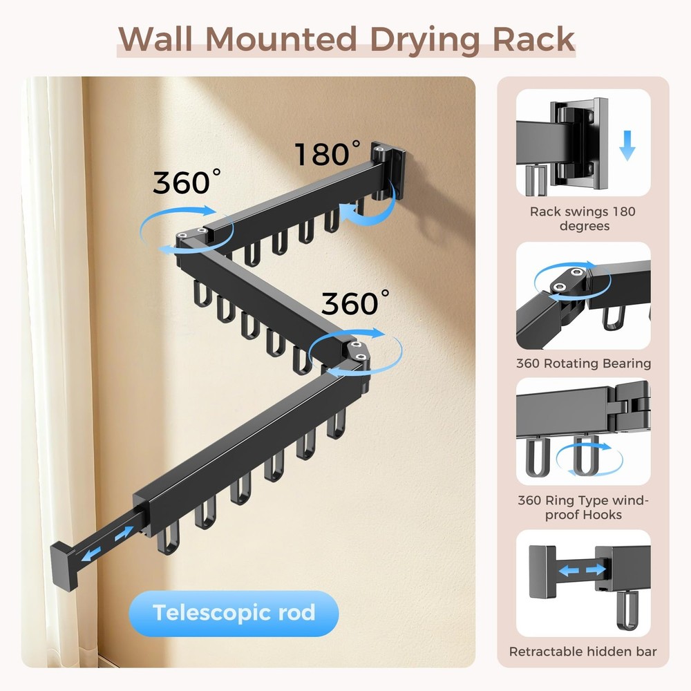 Wall Mounted Clothes Drying Rack, Space-Saving Foldable Clothes Drying Rack, ...